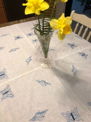 Vintage Flour Sack Tablecloth Embroidered Bluebirds Butterflies 56 X 52 “