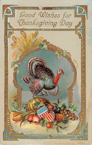 Gilded Gelatin Old Thanksgiving Pc Of Turkey,  American Flag Shield,  Grapes,  Corn