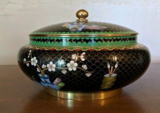 Vintage Cloisonne Bowl With Lid,  Black & Green Color Base,  Flowers,  Vases,  Fruit