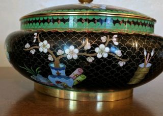 Vintage Cloisonne Bowl with Lid,  Black & green color base,  flowers,  vases,  fruit 2