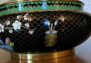 Vintage Cloisonne Bowl with Lid,  Black & green color base,  flowers,  vases,  fruit 3