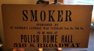 Post Ww1 Polish Home Hall Baltimore,  Md Smoker Event Sign