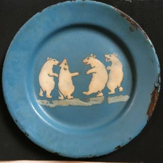 Vintage Antique Enamel Metal Plate With 4 Polar Bears Or Mice Fairy Tale Platter