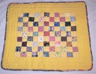 Vintage Antique Baby Doll Nine Patch Hand Quilt Yellow Multi Feed Sack Patchwork