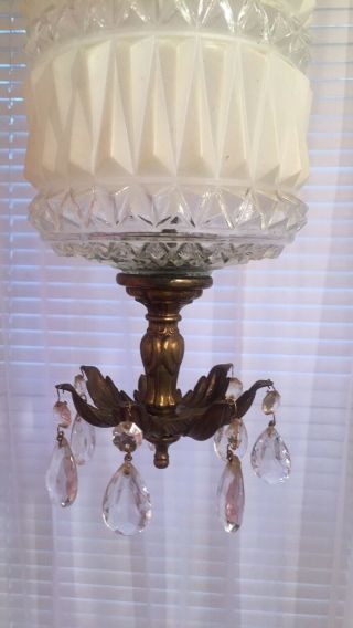 Brutalist vintage Mid Century Swag light/lamp with crystals and brass mounting. 5