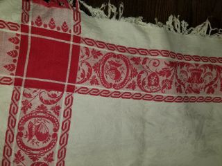 Vintage French Turkey Red Trimmed Damask Off White Linen Tablecloth