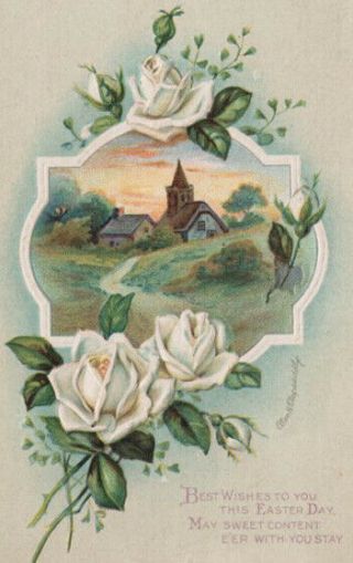 A/s Ellen Clapsaddle White Roses Easter Church Country Scene Embossed Postcard