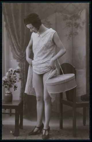 French Risque Sexy Woman Upskirt Shopping Box Old 1920s Photo Postcard