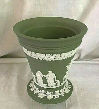 Vintage Wedgwood Vase Green Jasperware Footed Arcadian Trumpet