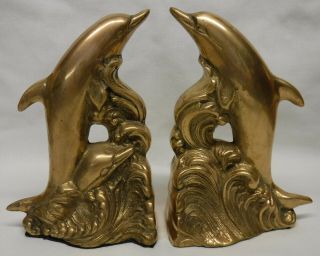 Vintage Pair Solid Brass Metal Dolphin Nautical Bookends 7 - 1/8 " Tall Riding Waves