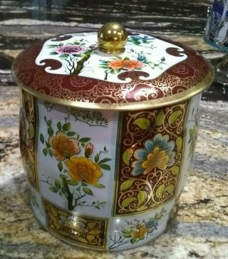 Vintage Round Damer Covered Tin Container Made In England Floral Motif
