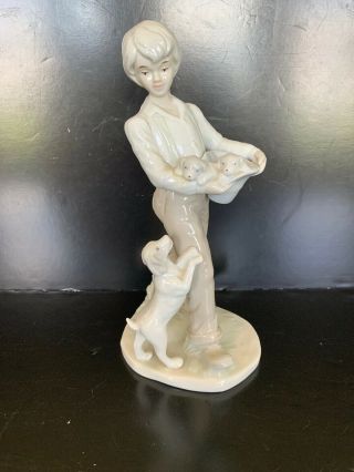 Vintage Porcelain Boy With Dog And Puppies 9”