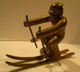 Rare Vintage Solid Brass Skier Sculpture Winter Downhill Alpine Figurine