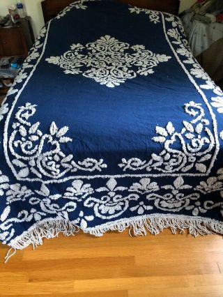 Navy & White Chenille Bedspread With Fringe - Twin 100 Cotton