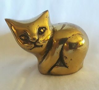 Vintage Seiden Solid Brass Cat Figurine Sitting Kitty Kitten Made In Korea 2.  5 "
