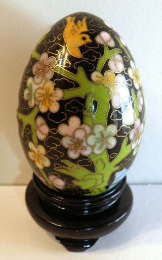 Vintage Chinese Cloisonne Enamel Egg Black Floral With Bird