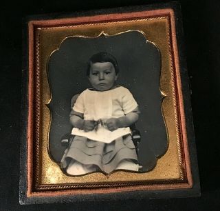1/6 Plate Daguerreotype Image Of A Young Boy,  No Wipe Marks,  Half Case