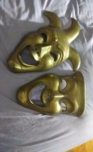 Vintage India Brass Comedy And Tragedy Type Wall Masks 7 " X 5 " Slot For Hanging