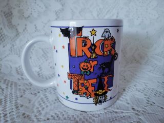 Vintage 1994 Trick Or Treat Halloween Mug Cup Witch Bat Owl Jack O Lantern Stars