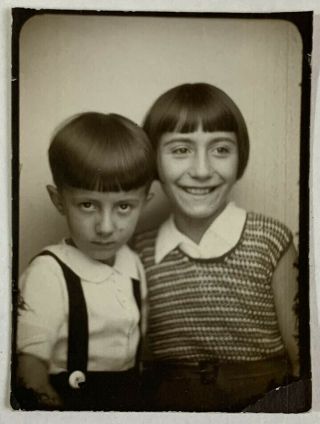 Siblings,  Happy Girl & Fixated Brother In The Photobooth,  Vintage Photo Snapshot