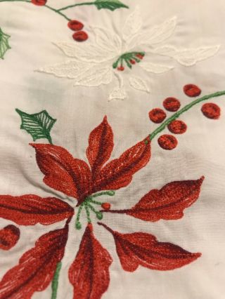 Vintage Christmas Poinsettia Embroidered Tablecloth With Scallop Edge 116x66 4