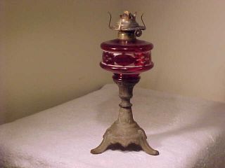 Antique 19th C.  Oil Lamp Cranberry & Clear With Cast Iron Stem