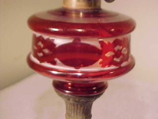 Antique 19th C.  Oil Lamp Cranberry & Clear WITH CAST IRON STEM 2