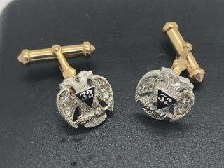 Antique Fraternal 32 Masonic Double Eagle Cufflinks 14k Gold With Diamonds Rare