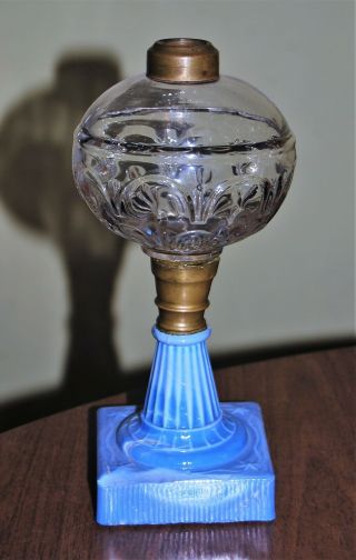 Antique Oil Lamp,  Unusual Blue Glass Base,  9.  5 " Tall