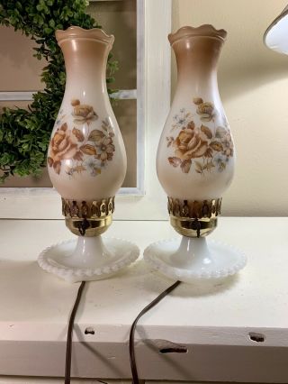 Vintage Large Pair Hurricane Milk Glass Lamps With Brown And Gold Roses 13 1/2”