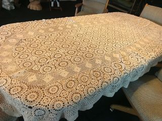 Vintage Cream Colored Hand Crocheted Lace Tablecloth 100 Cotton