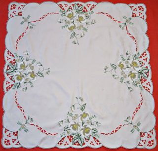 Vintage Authentic Flowers Cut Embroidery White Olive Green Square Tablecloth