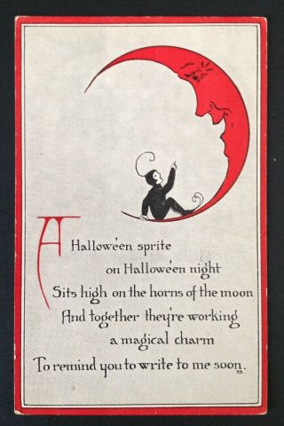 Vintage Halloween Postcard - Sandford 431 - Sprite Talks With Man In The Moon