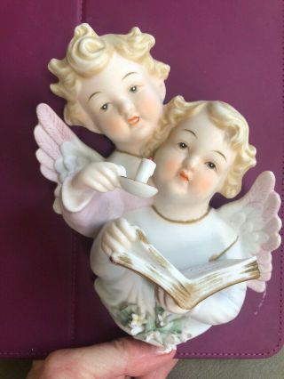 Vintage Lefton China Hand Painted Two Angels Candle Book Wall Hanging - Japan