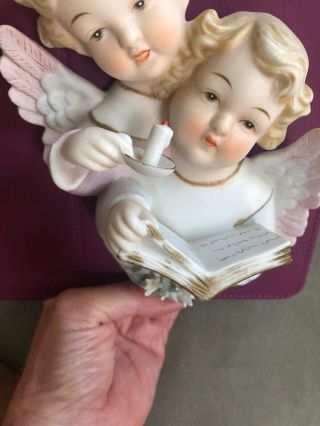 Vintage Lefton china hand painted Two Angels Candle Book Wall Hanging - Japan 4