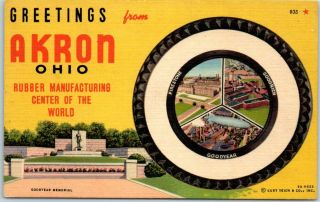 Vintage Akron Ohio Big Letter Postcard Goodyear Goodrich Firestone Tires Linen
