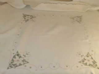 Tablecloth Vintage Lovely Ecru Linen With Embroidery & Cut Work.  77tc