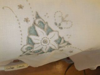 Tablecloth Vintage Lovely Ecru Linen with Embroidery & Cut work.  77TC 7