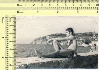 Shirtless Guy Smoking Cigarette On Beach,  Man Male Portrait Old Photo