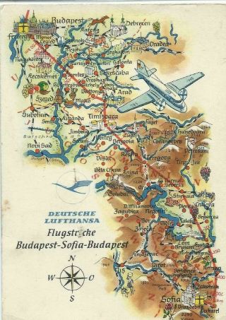 Lufthansa E Germany Ddr Gdr Airline Issue Postcard Budapest Sofia Route Map Il14