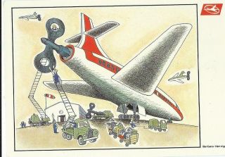 Interflug E Germany Ddr Gdr Airline Issue Cartoon Postcard Clockwork Airliner