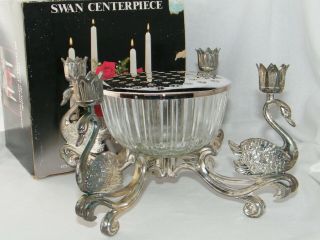 Vintage Godinger.  Silverplate Swan Centerpiece W/ Crystal Bowl & Flower Frog