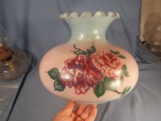 Vtg Large Hand Painted Floral Roses Shade For Electric/oil Lamp 10in Wide Base