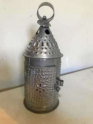 Primitive Colonial Style Tin Punched Candle Lantern