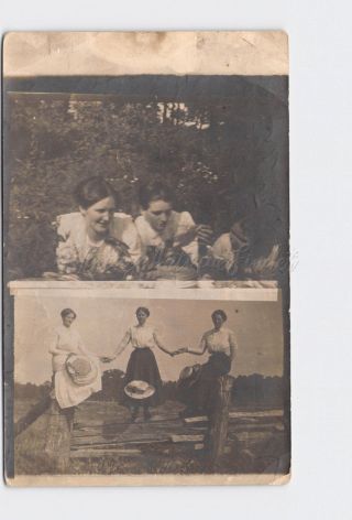 Rppc Real Photo Postcard Women Holding Hands Picnic In Field Lesbian? Straw Hats