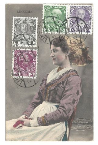 1907 Linzerin Linz Austria Pretty Women Dress Tint Antique Postcard Cover Stamp