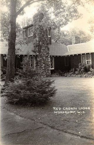 Woodruff Wisconsin 1940s Rppc Real Photo Postcard Red Crown Lodge Stone Chimney