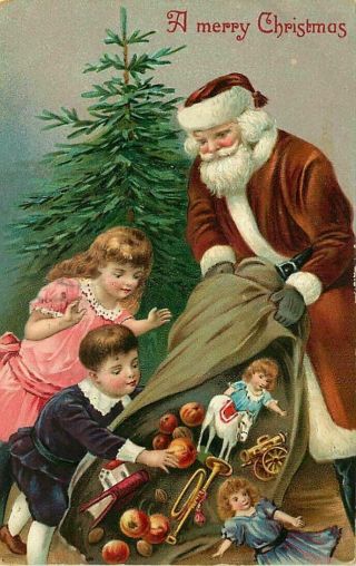Brown Robe Santa Claus With Big Sack Of Toys & Children Christmas Postcard - K370