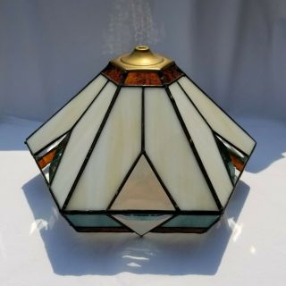 Stained Glass Table Lamp Shade Vintage Handmade Art Deco Slag Art - Brown Cream