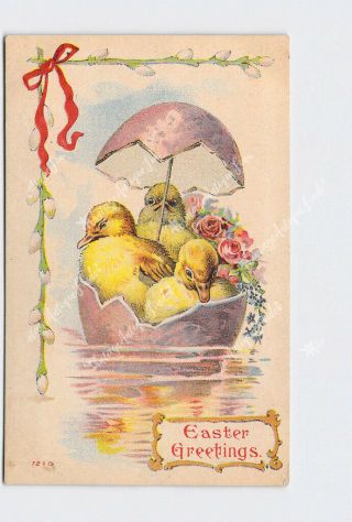 Ppc Postcard Easter Ducklings Float In Egg Shell With Flowers